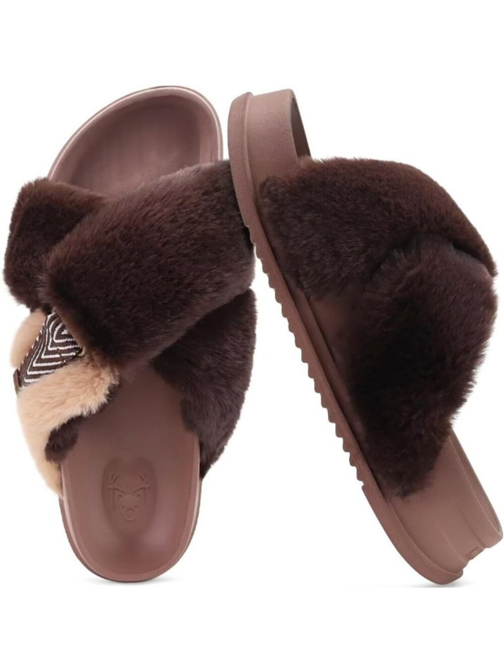 Women's Brown Fuzzy Cross Band Platform Slippers Comfortable Indoor Outdoor